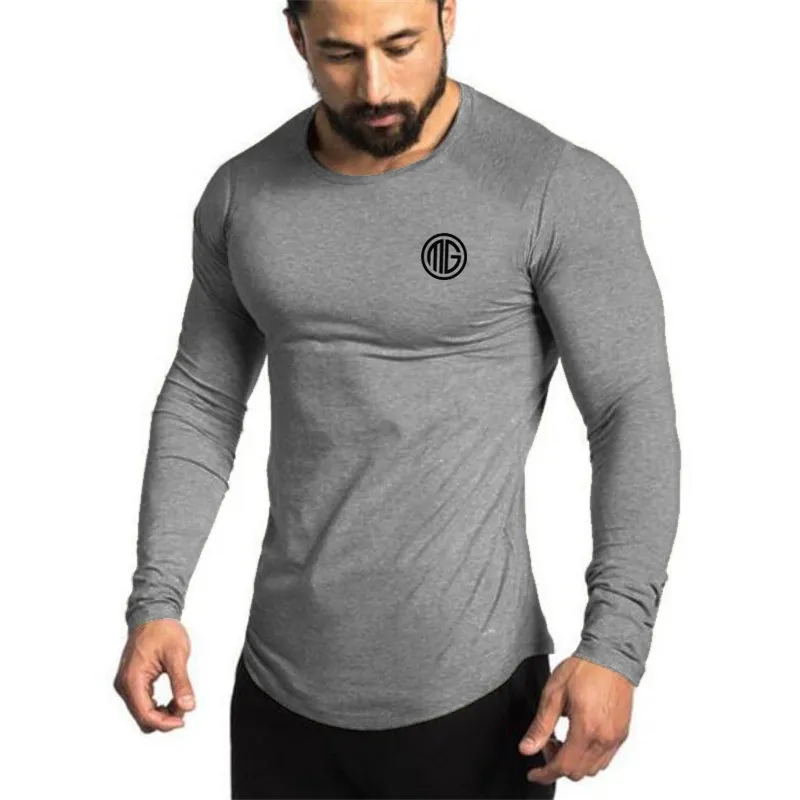 MuscleGuys Brand Mode Kläder Solid Färg Långärmad Slim Fit T Shirt Män Bomull Casual T-shirt Streetwear Gym Tshirts 220212