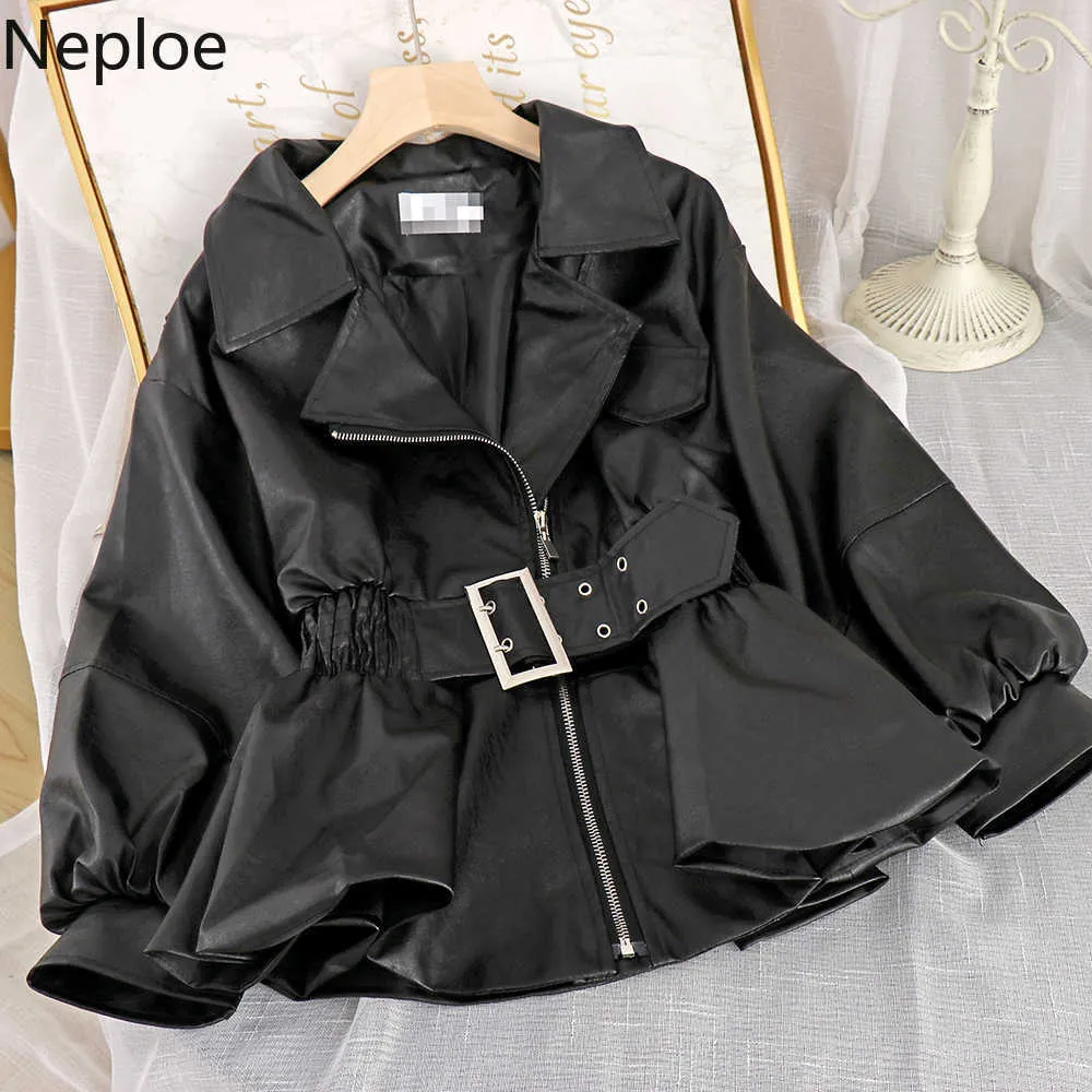 NEPLOE Moda Faux Leather Pu Casaco Estilo Coreano Surgindo Collar Slim Outwear Outono Completo Mulheres Casaco com Cinto 211014