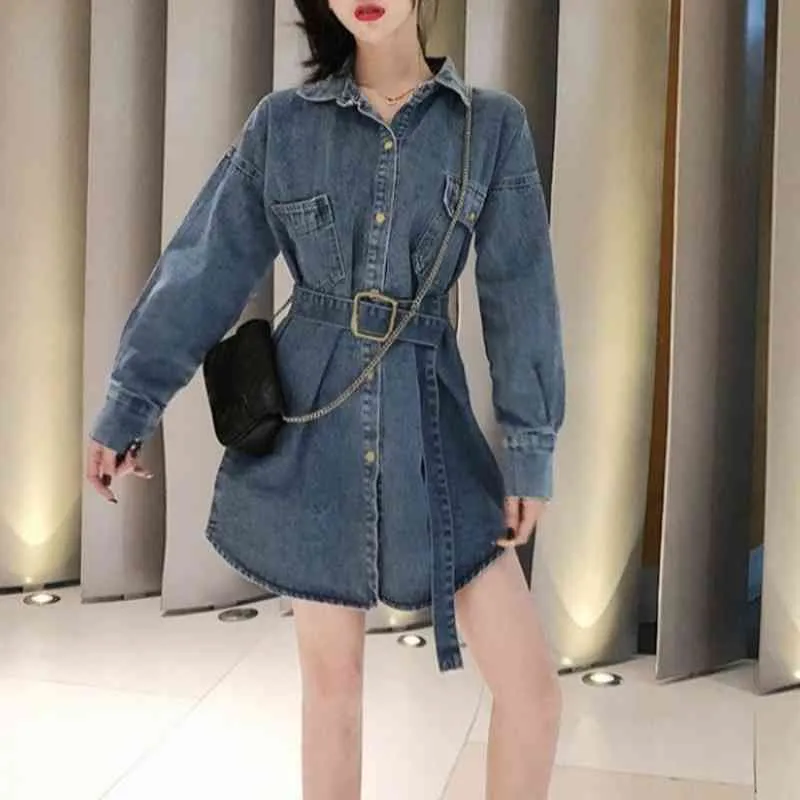 Ezgaga Sping New Vintage Bandage Dress Women Long Sleeve Denim Dresses Loose Solid Lapel Korean Fashion Streetwear Vestidos 210430