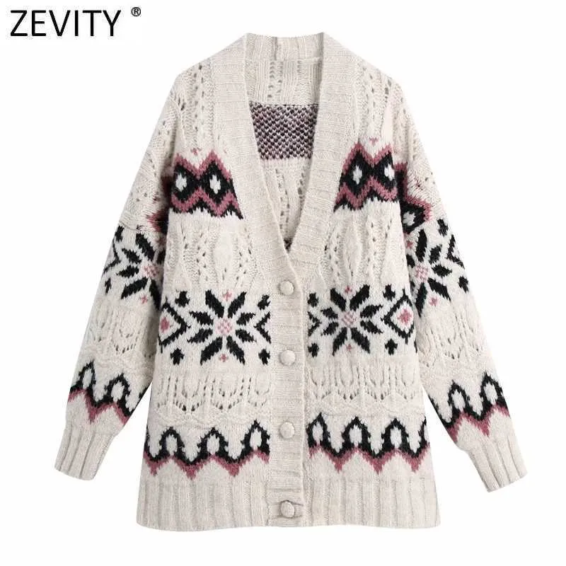 Zevity Women Vintage V Neck Flower Wzór żakardowy Kartuńskie Sweter Knitting Sweter Kobiet Chic Długi rękaw Hollow Out Tops S651 210603