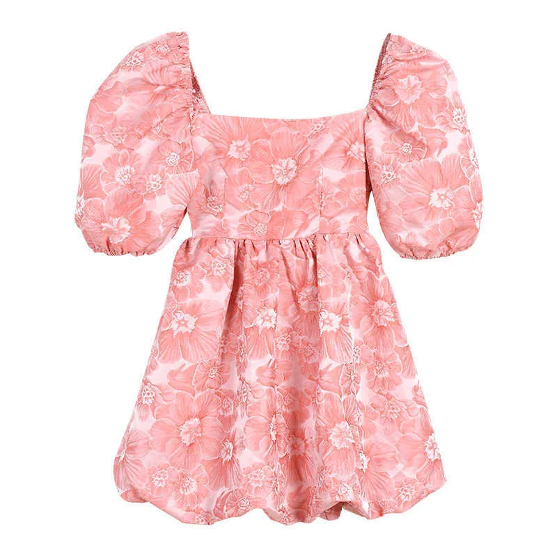 Возможно, у летних женщин элегантные сладкие розовые белые жаккардовые спинки слоеного рукава квадратный воротник шариковины короткое платье D3042 210529