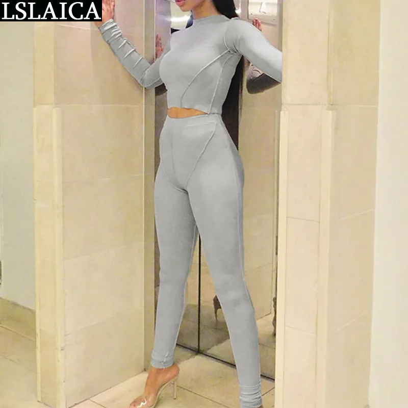 Tvåbitar Set Kvinnor Bodycon Långärmad Oneck Höst TrackSuit Fashion Fast Fitness Sats Gym Kläddräkt Matchande 210515