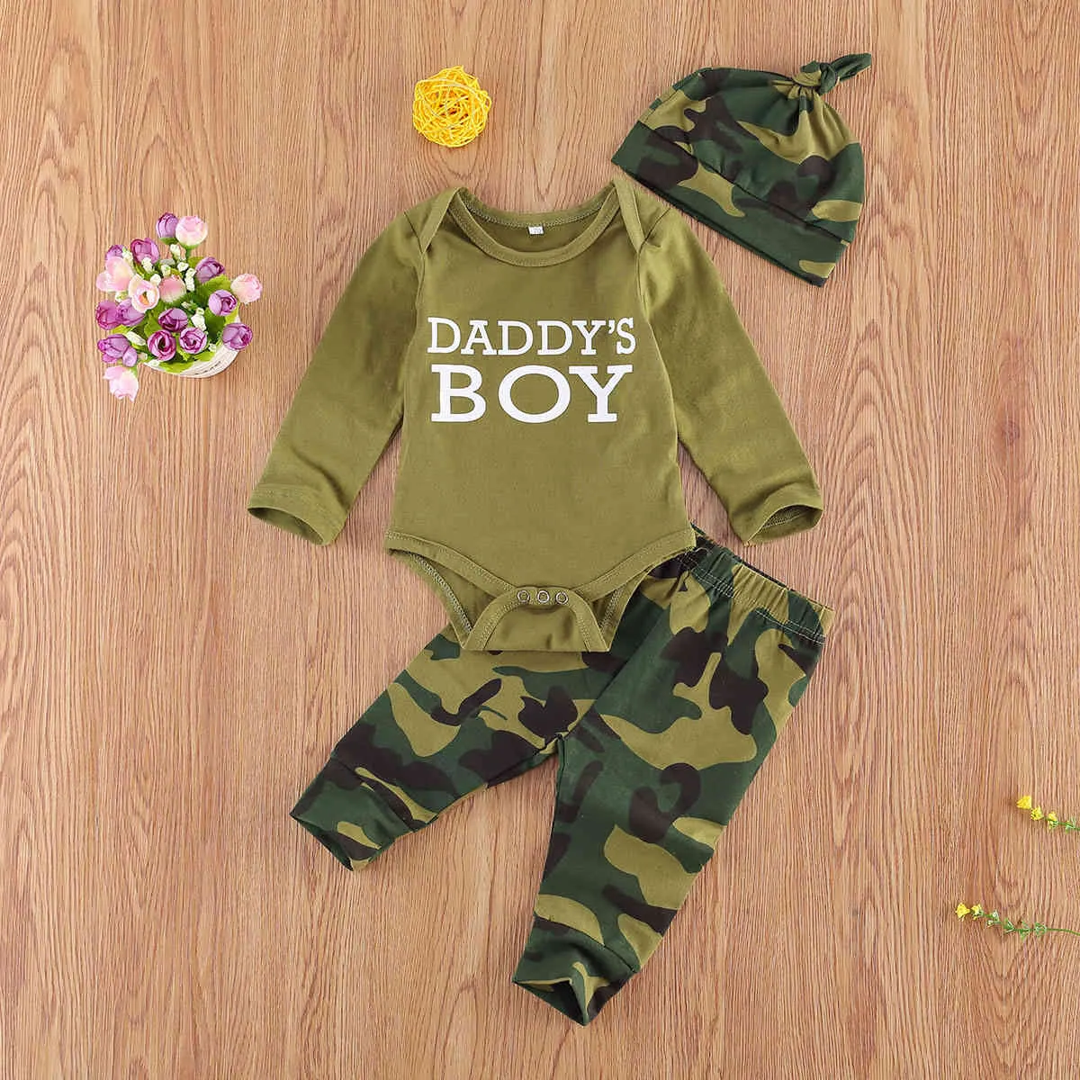 0-18 M Autunno Primavera nato Infant Baby Boy Girl Vestiti Set Pagliaccetto di papà Camo Pantaloni Abiti 210515