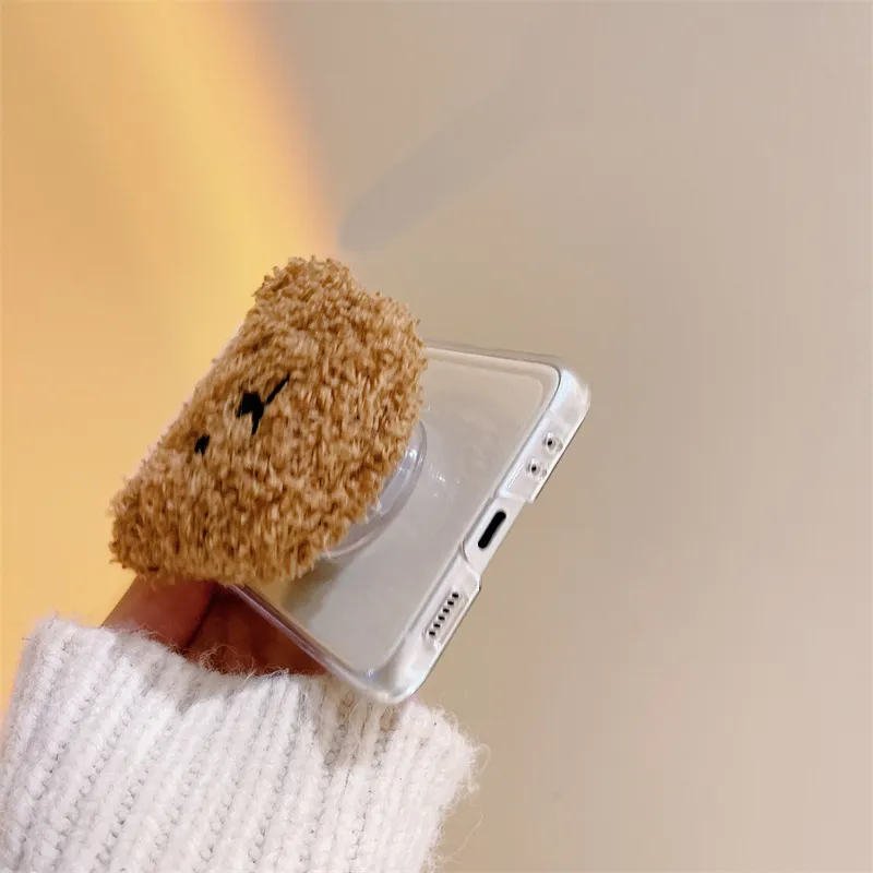 3D Cute Fluffy Bear Phone Holder Case For Samsung Galaxy Z Flip 3 ZFlip3 Folding Shell Kickstand Transparent Hard PC Cover Stand7881360