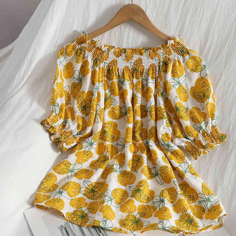 Kimutomo Rahat Mantar Fold Çiçek Bluz Kadınlar Slash Boyun Kapalı Omuz Ince Kore Puf Kollu Gömlek Yaz Moda 210521
