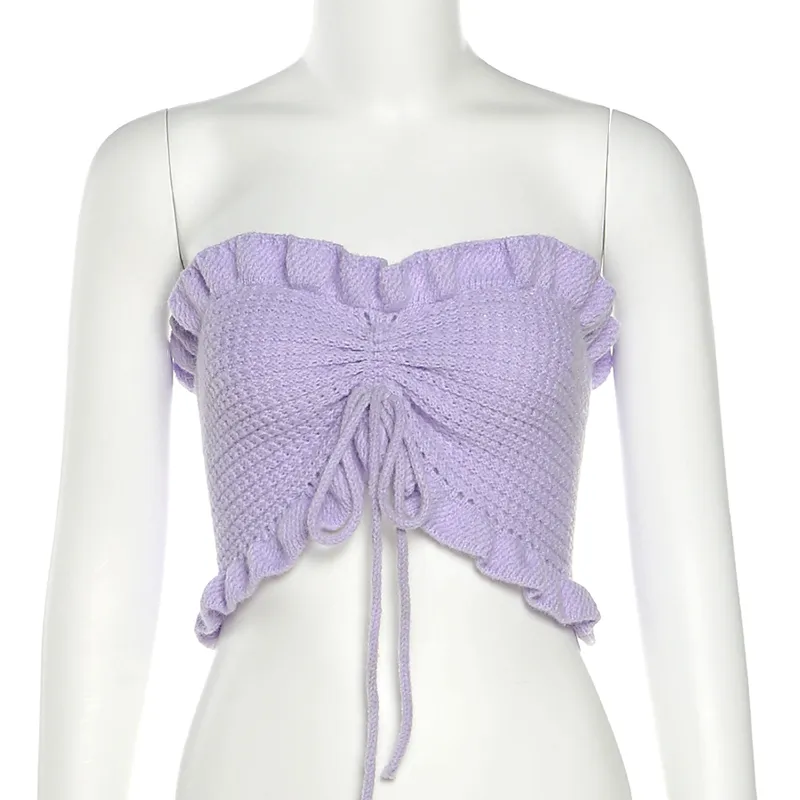 Sexy Ruched Tube Tops Women Knitted Strapless Backless Crop Top Summer Drawstring Club Wear Y2K Purple Green Kawaii Clothes 210517