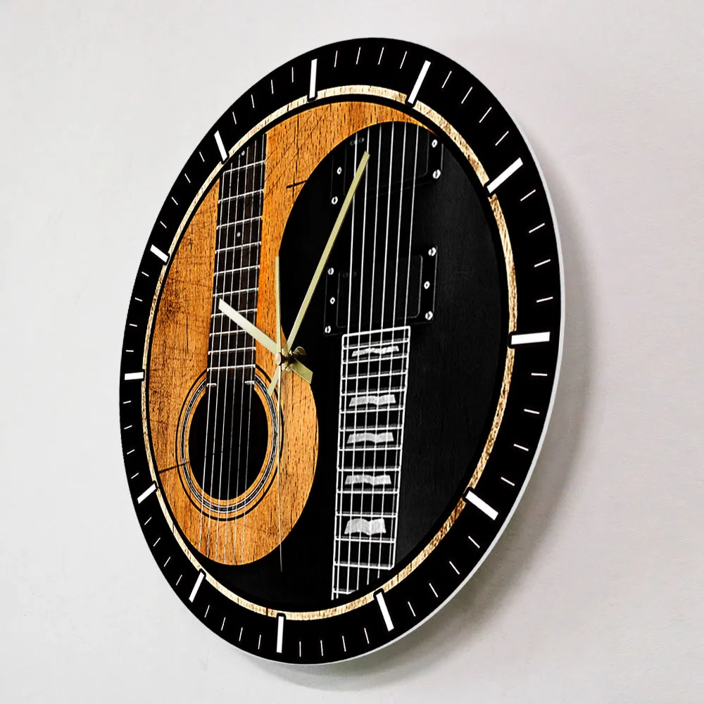 Yin Yang 기타베이스 인쇄 벽시계 어쿠스틱 기타 침묵의 비표상 벽 시계 음악 스튜디오 장식 음악가 기타리스트 선물 210325