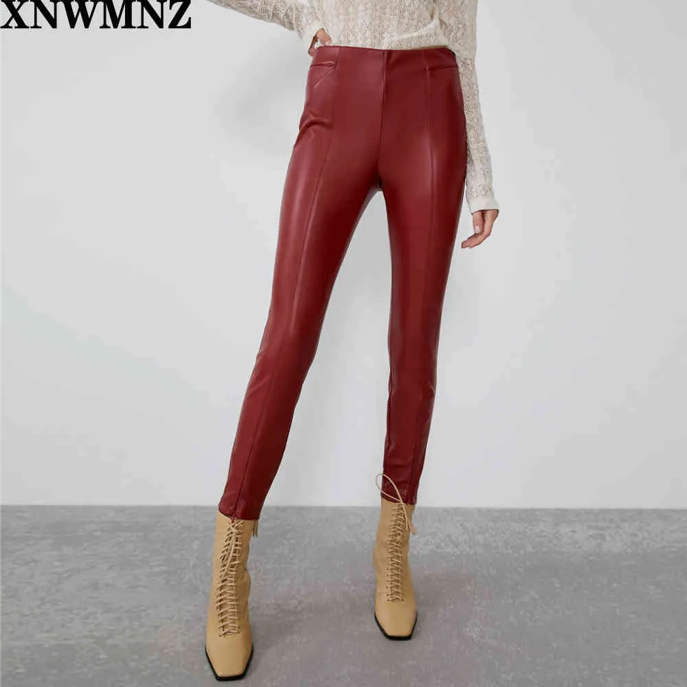 Mode Höst Vinter Kvinnor Hög Wasit Faux Läderbyxor Lady Black Beige Fleece PU Zippers Skinny Stretch Pencil Pants 210510