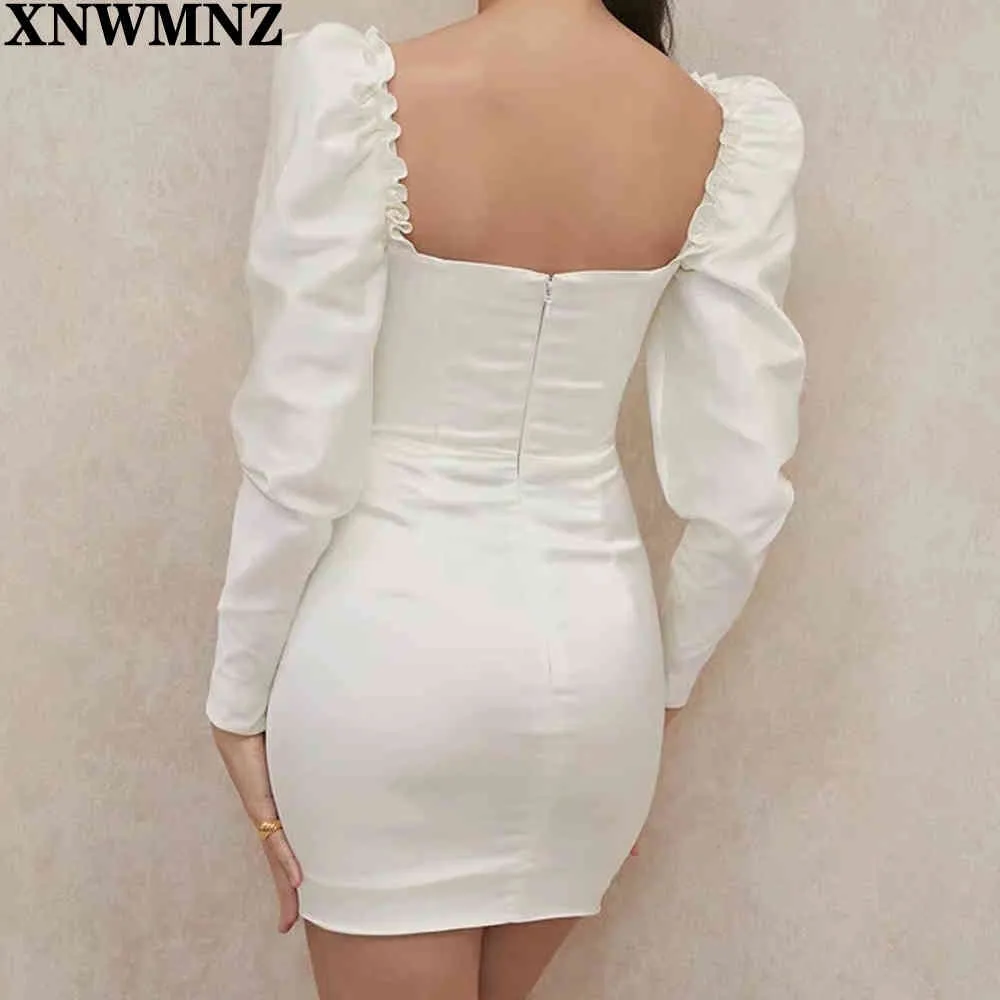 Frauen Retro Center Bow Bandage Kleider Weiß Langarm Mini Sexy Quadrat Kragen Mantel Vestidos Sommer Party 210520