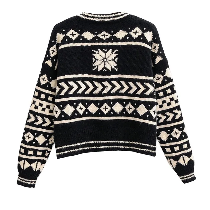 Etniczne Kobiety Kontrast Kolor Geometryczny Plaid Pojedynczy Biersed Button Cardigan Vintage Sweter Z Długim Rękawem Loose Jumper Streetwear 210429