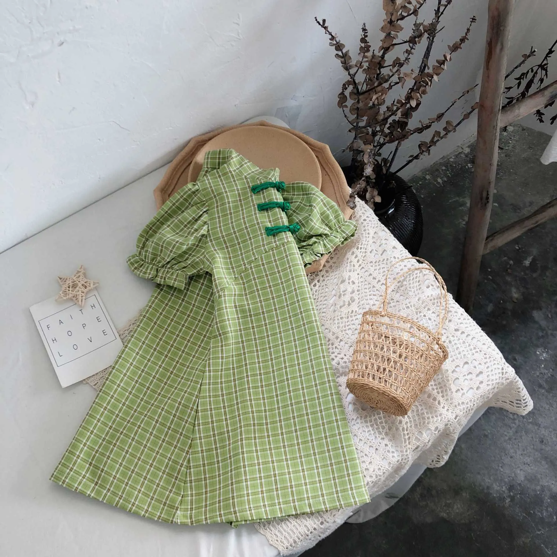 Girls Dress Summer Chinese Style Kids Plaid Cheongsam Puff-Sleeve Print Princess Dresses Toddler Clothes 210611