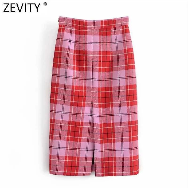 Zevity Frauen Vintage Red Plaid Print Casual A-Linie Midi Rock Faldas Mujer Weibliche Seite Zipper Split Abnehmen Vestidos QUN743 210619