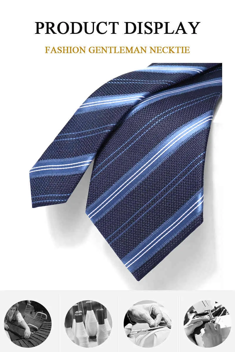Marque 8CM luxe rayé cravate pour hommes mariage affaires mode robe costume soie Polyester bleu mâle cravate avec boîte-cadeau