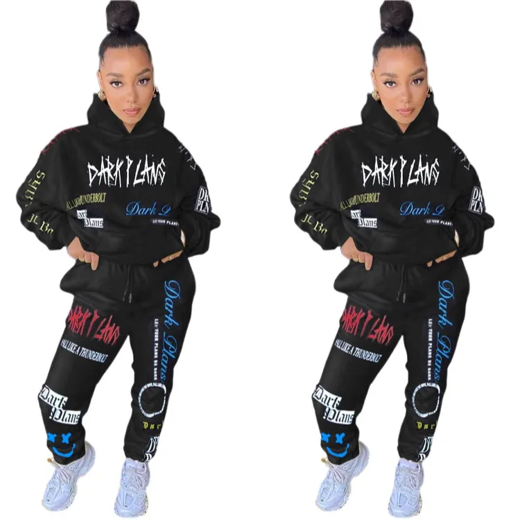 Abbigliamento sportivo Trendy Chic Graffiti Tuta da donna Felpe con cappuccio Pantaloni da jogging Tuta attiva Due pezzi Fitness BF Style Outfit 210525