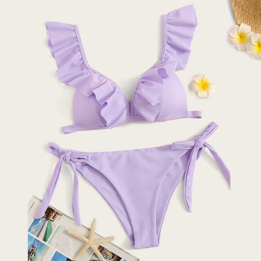 Púrpura de un hombro con cordones Bikini Set Trajes de baño Bikinis sólidos Mujer Push Cordón Traje de baño Tie Traje de baño 210629