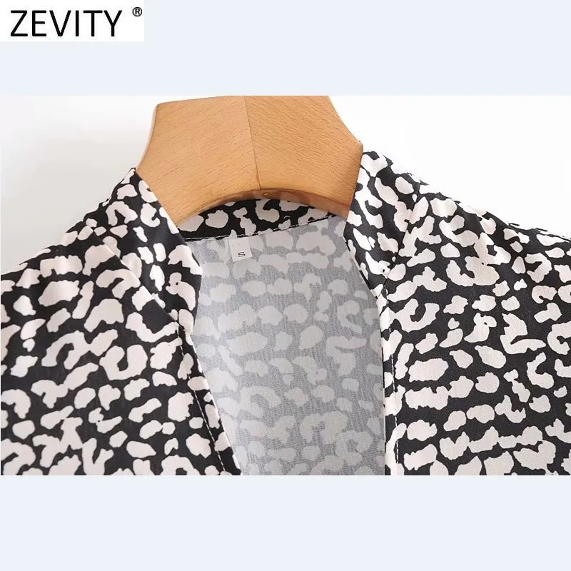 Zevity New Women Vintage v Neck Digital Leopard Print Hem Pleat Ruffles Mini Dress Lady Long Sleeve Chic Business Vestido 210319