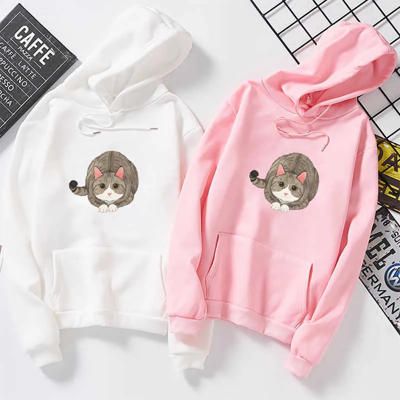 Harajuku Damskie Bluzy Bluza Kawaii Pink Winter Cat Wzór Z Długim Rękawem Moletom Bluzy Z Kapturem Ear Hooded Mujer 2019 Y0820