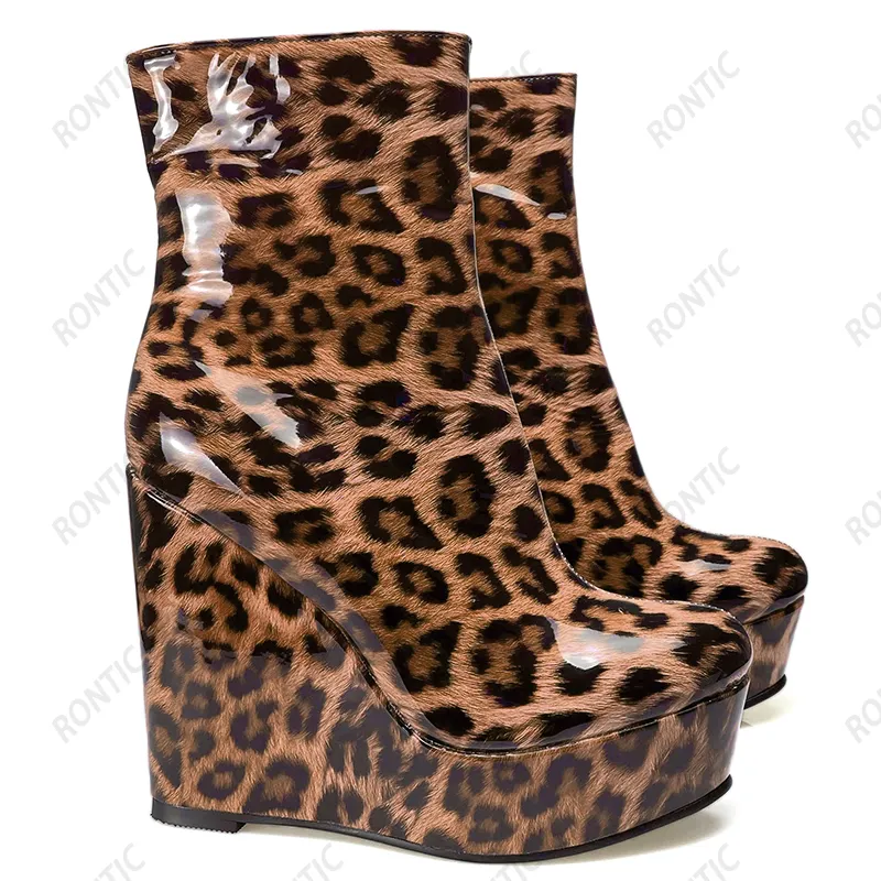 RONTIC Handgemaakte vrouwen Winter Platform Enkellaarzen Unisex Patent Wiggen Hakken Ronde Teen Sexy Leopard Cosplay Schoenen US Maat 5-20