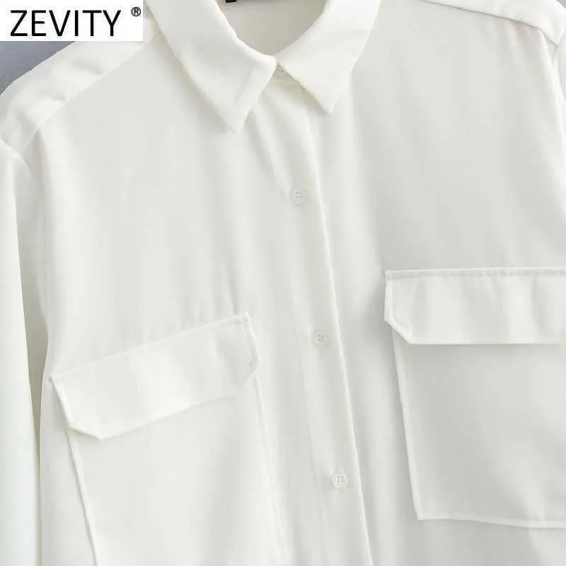 Zeefity Women Simply Double Pocket Patch Business Shirt Office Lady Turn Down Collar Blouse Roupas Chic Chemise Tops LS9290 210603