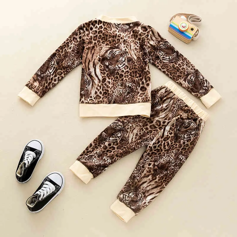 2-7Y Kid Girls Vêtements Set Tiger Print Manteau à manches longues Veste Top Pantalons Tenues Costumes pour enfants 210515