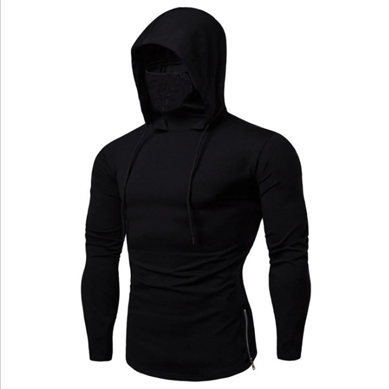 Men Autumn Casual Gym Thin Long Sleeve Hoodie Face Cover Solid Color Sweatshirt Men Clothing sudaderas hombre sizes 4