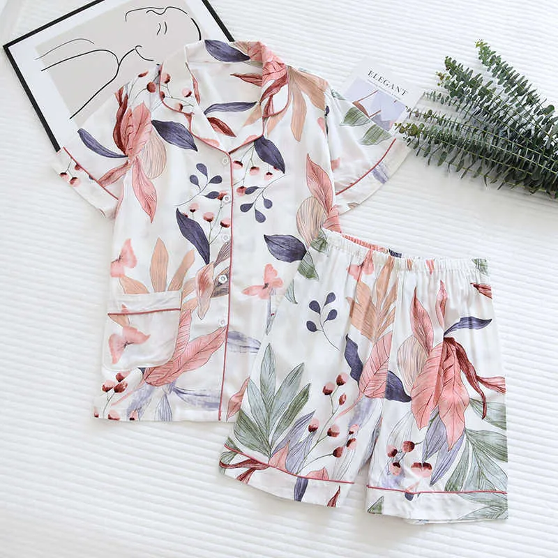 여름 S Pijama Mujer 얇은 섹션 짧은 슬리브 반바지 대형 꽃 인쇄 잠옷 홈 서비스 레이디 잠옷 210713