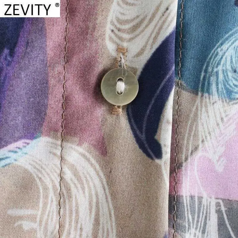 Zevity Frauen Vintage Abstrakte Bild Druck Smock Bluse Weibliche Langarm Einreiher Hemden Chic Blusas Tops LS9298 210603