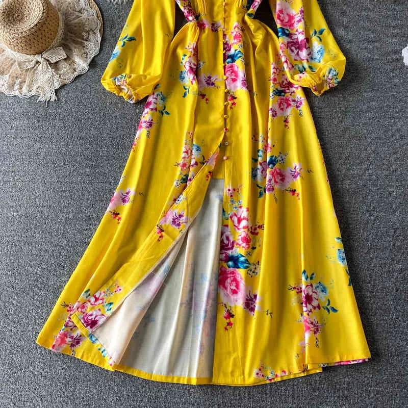 Spring Ethnic style Rethnic Print Maxi Vestidos Kobiet V-Neck Rękaw Puff Temperament Single-Bierted Big Swing Dress GK445 210506