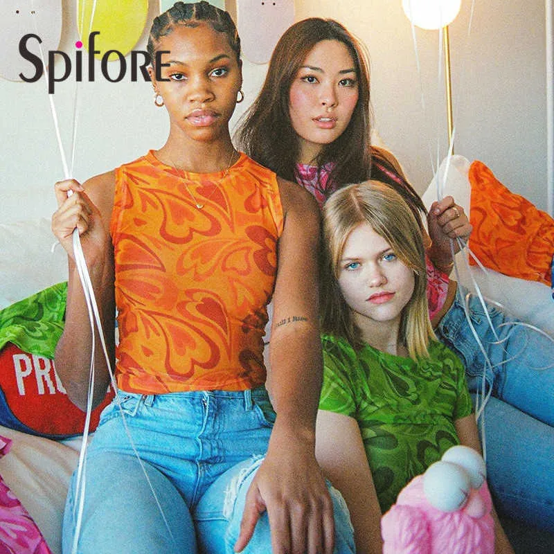 Spifore Tie Dye Y2K 90s estetik Mesh Tops Pink Summer Women Tanks 2021 Fashion O Neck Ärmlös Se men Sexig Crop Y0622