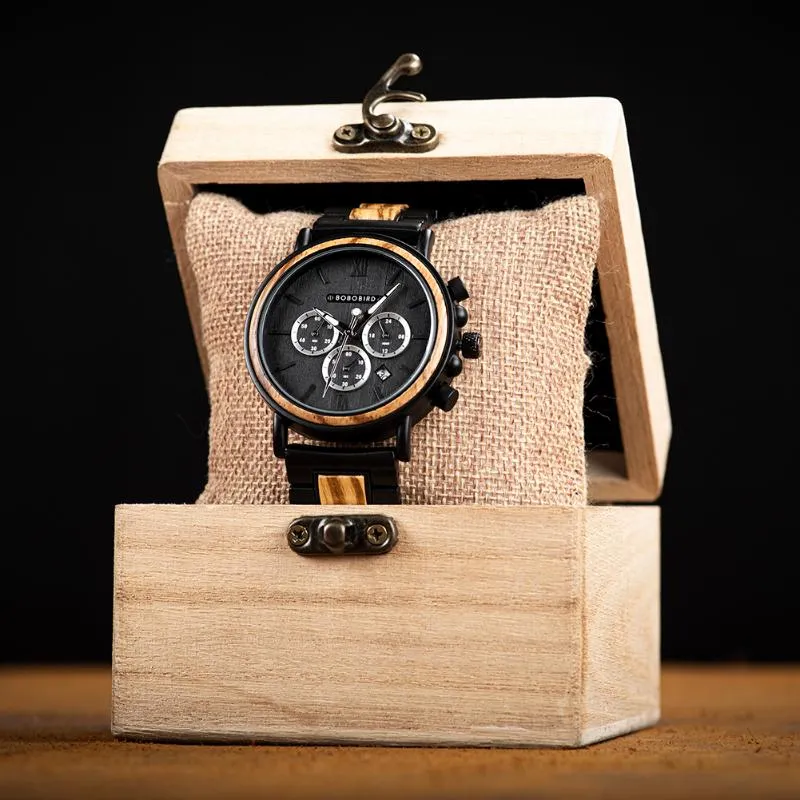Relojes de pulsera BOBO BIRD Reloj de lujo Multifunción Relojes de pulsera de madera para hombres Cronógrafo Reloj Relogio Masculino en caja Vale272t