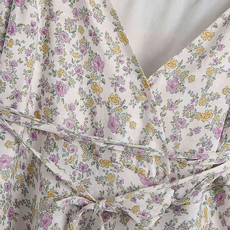 Sommer Frauen Vintage Mini Kleid Blumendruck Fliege ZA Puff Sleeve Trägerlose Weibliche Elegante Sexy Kleider Vestidos 210513