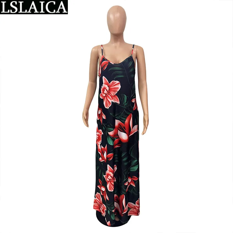 Sling Solta Vestido Longo Piso-Comprimento Vestidos Sem Encostos para Mulheres Casual Moda Venda Floral Impressão Vestido de Mujer 210515