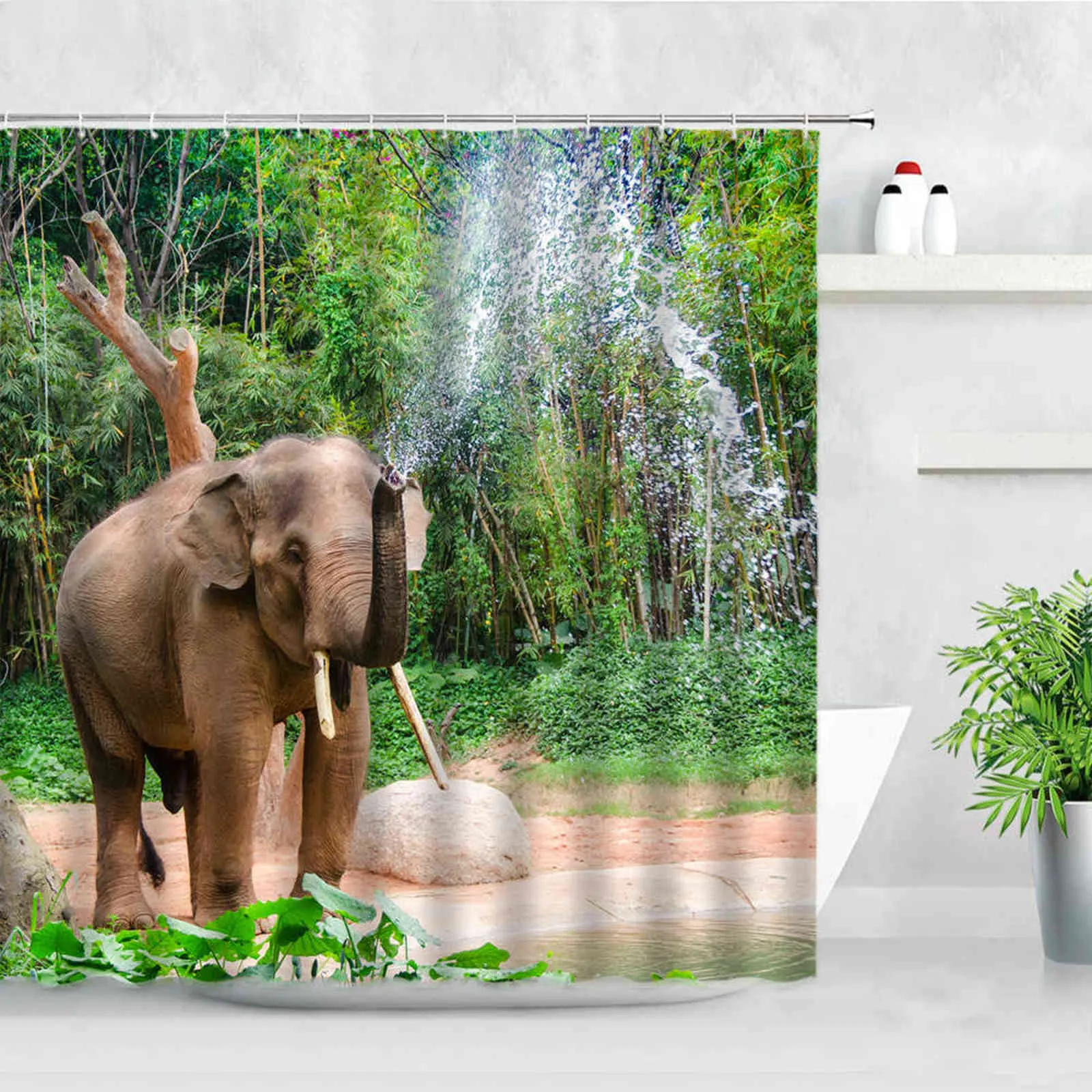 Niedliche Elefanten-Duschvorhänge, lustige Tiere, Wasserspray, Wasserfall, natürliche Wasserfarbe, Kunst, modernes Badezimmer-Dekor, Badvorhang-Set 211116