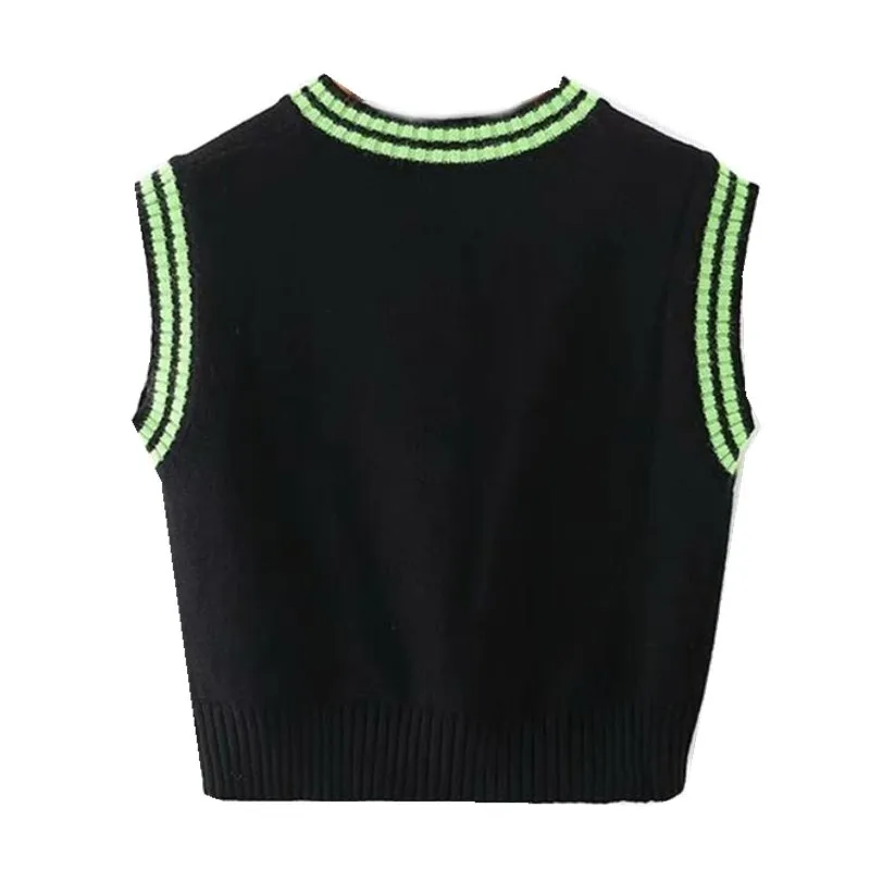 Preppy Style Green Strip Noir Pull Tricoté Gilet Femmes 90's Vintage Vêtements Coréens Rayé Col En V Débardeur Y2K Tricots 210429