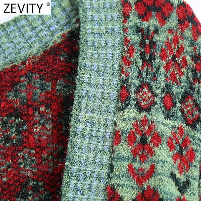 Zevity Women Vintage Color Matching Patchwork Printing Knitting Sweater Female Long Sleeve Chic Cardigans Retro Kimono Tops S549 210914