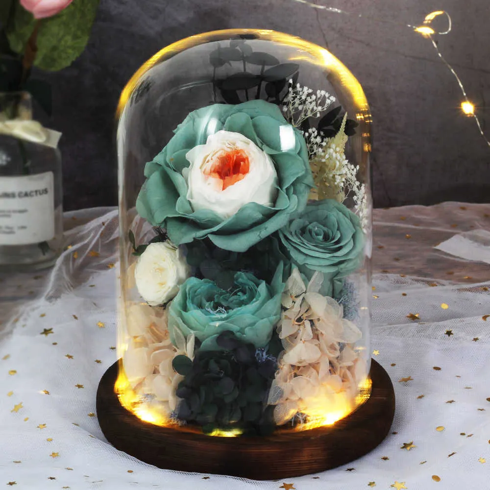 Valentine Mother Day Wedding Party Gift Preserved Rose Immortal Flowers In Glass Dome With Lamp Flowers Home Decoration Q08121662266