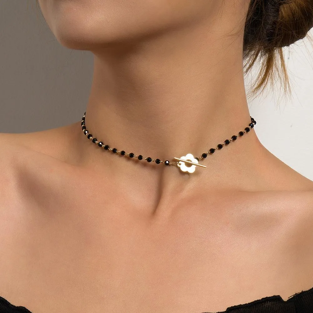 Enkla svarta kristallpärlor choker halsband mode ot spänne kort blomma halsband för kvinnor bohemiska kvinnliga smycken y0309