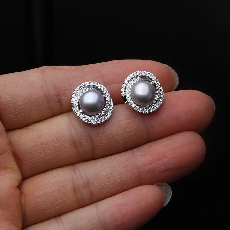 女性用豪華な天然真珠スタッドイヤリング、925縞模様の銀のイヤリングジュエリー、本物の淡水真珠のイヤリングギフト220212