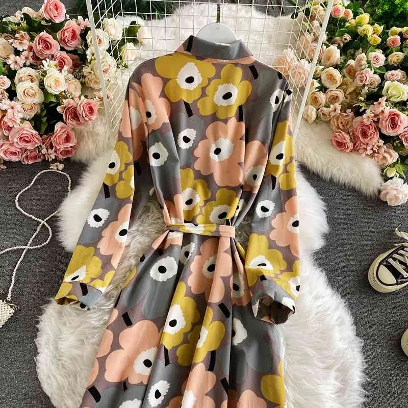 Spring Autumn Single-breasted Shirt Dress Women's French Retro Lapel Tie-up Waist Is Thin and Large Swing Long UK932 210507