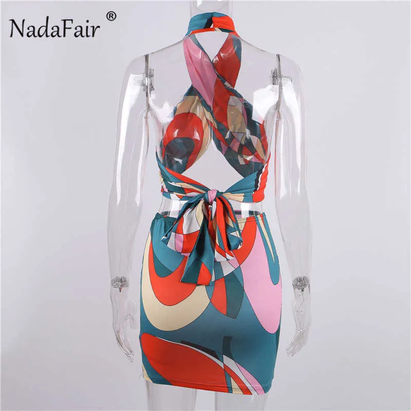 Nadafair Multi Mini Dress Sexy Summer Women Dress Backless Drawstring Tie Up Vintage Printed Bodycon Beach Woman Dress Set Y1006