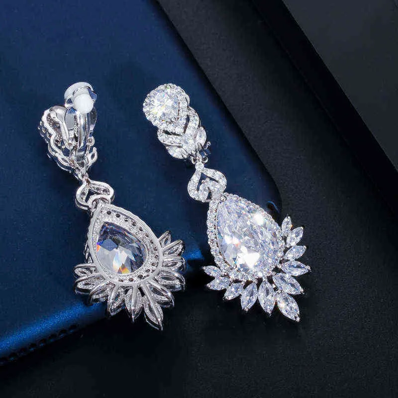 CWWZircons No Hole Piercing Ear Jewelry Cubic Zirconia Crystal Bridal Long Luxury Wedding Clip on Earrings Non Pierced CZ409 220119