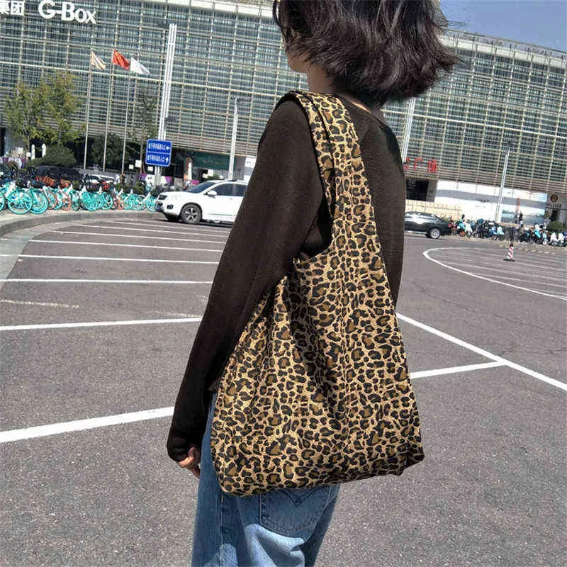 Shopping Bags Women Canvas Female Shoulder Environmental Storage Handbag Reusable Foldable Eco Grocery Leopard Print 220309