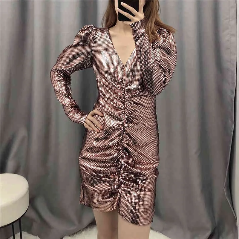 Sexiga Kvinnor Party Sequined Dresses Fashion Ladies V-Neck Slim Mini Klänning Elegant Kvinna Chic Puff Sleeve Draped Vestidos 210427