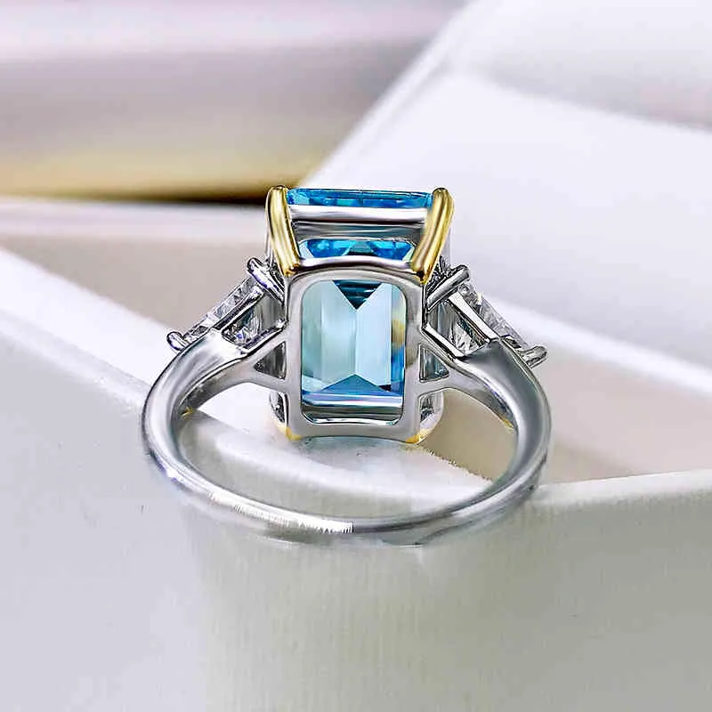 925 prata esterlina vintage criado moissanite 10 14mm retângulo aquamarine anel de noivado feminino festa de casamento jóias finas239t