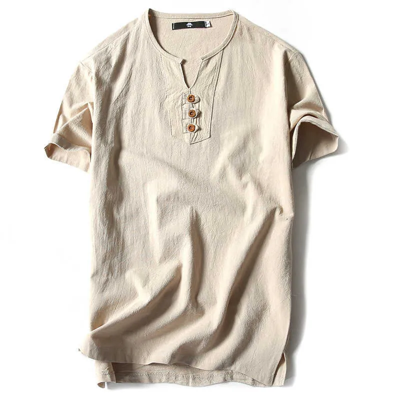 Mężczyźni T Shirt Lato Bawełniane Koszulki Casual Krótki Rękaw Chiński Styl Vintage V Neck Tees Plus Size Oversize Black White Topy 210629