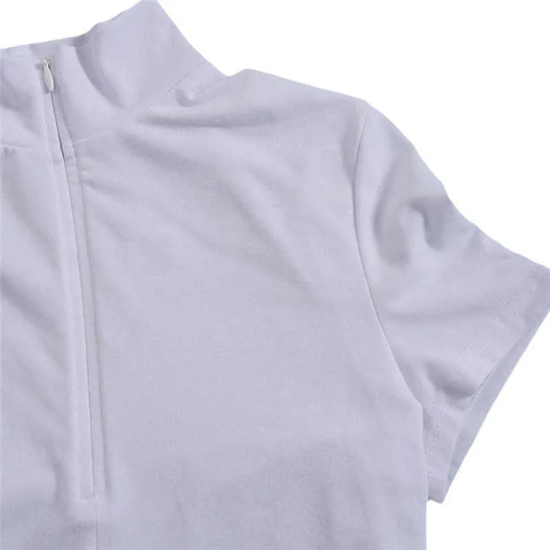 Sexy Kobiety Streetwear Tees Summer Slim Krótki Rękaw Zwykły Stretch Zipper Pullover Crop Top Club High Waist T Shirt Purple White X0527