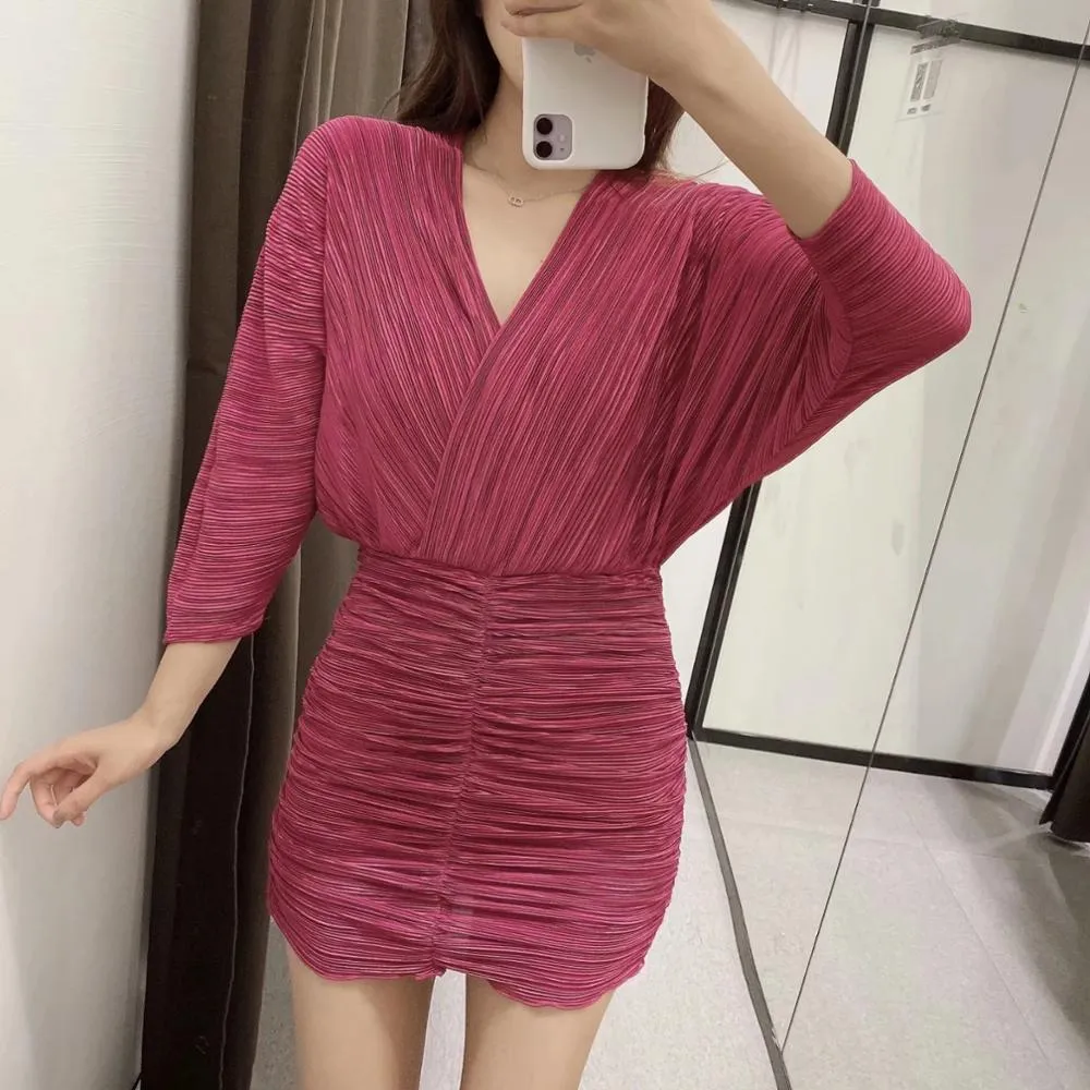 Kobiety Mini Dress with Draped Sukienka Surplice Dekoltu i Długie Rękawy Elastyczny talia wiązana mocowanie z tyłu 210520