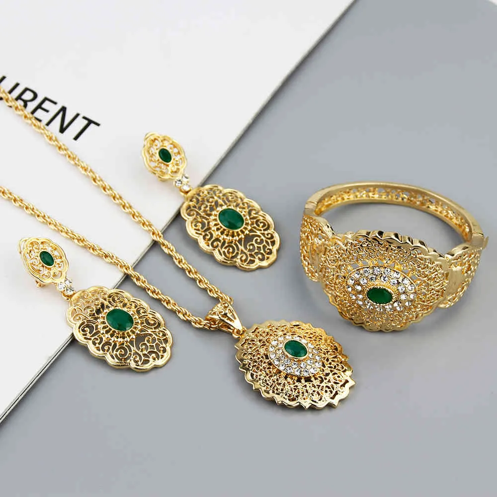 Chic Marocko Wedding Jewelry Set Gold Color Drop Earring Cuff Armband Bangle Pendant Halsband Arab Hollow Metal Gift7635768