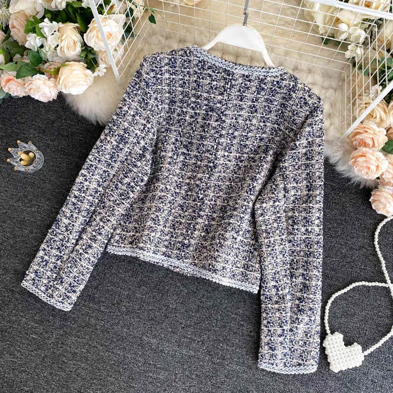 High Quality Korean Vintage Tweed Jacket Coat Women Autumn Plaid Slim Woolen Jackets Streetwear Outwear All-match Short Top 210514