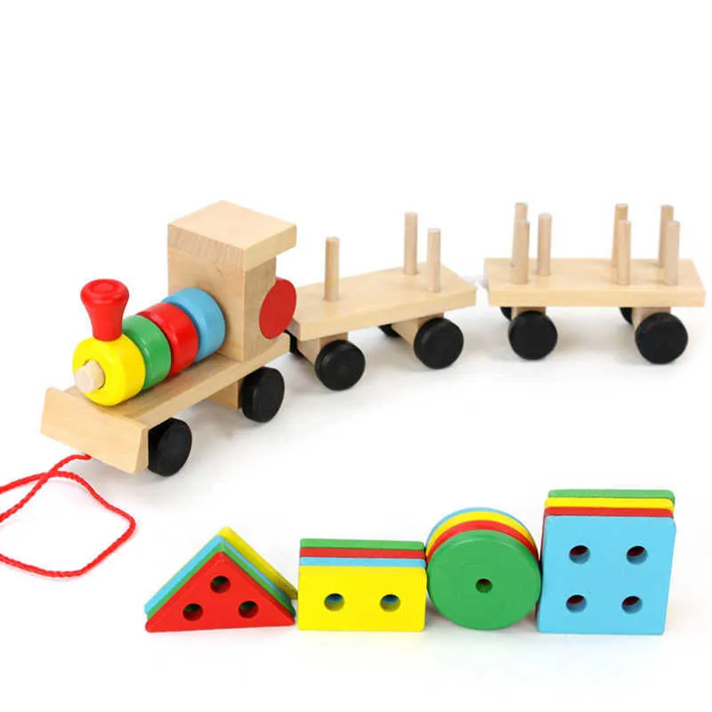 Baby Toys Kids Trailer Wooden Train Vehicle Building Blocks Geometry Colour Congnitive Blocks Child Education Christmas Gifts H0824